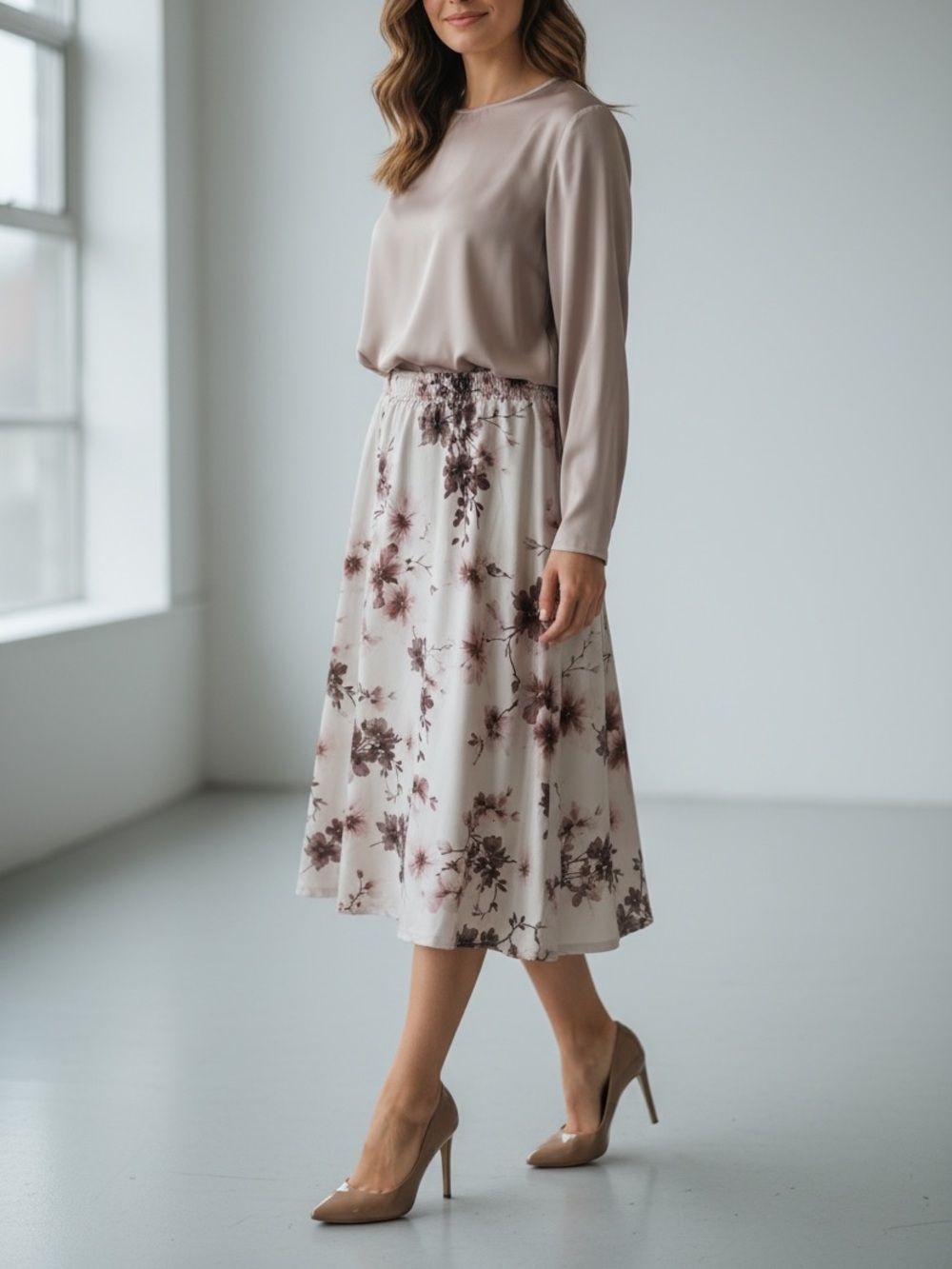 🪷 {NWOT} Floral Satin-Feel Midi Skirt